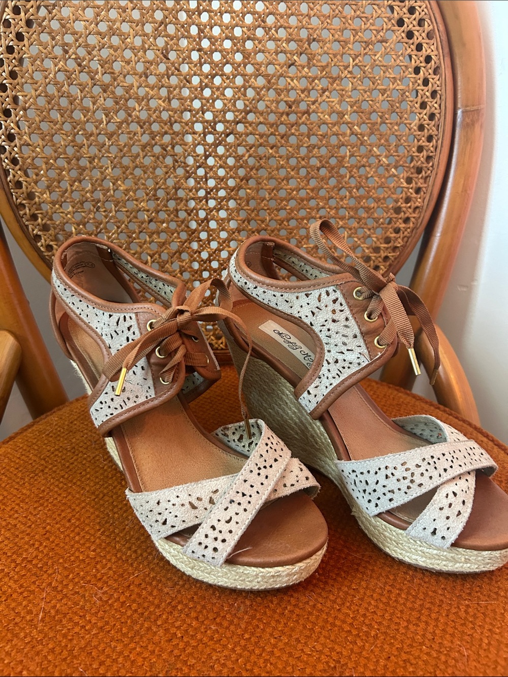 Naughty Monkey Wedge Espadrille  in Light Brown and Cream - Lace-Up Womens Heel